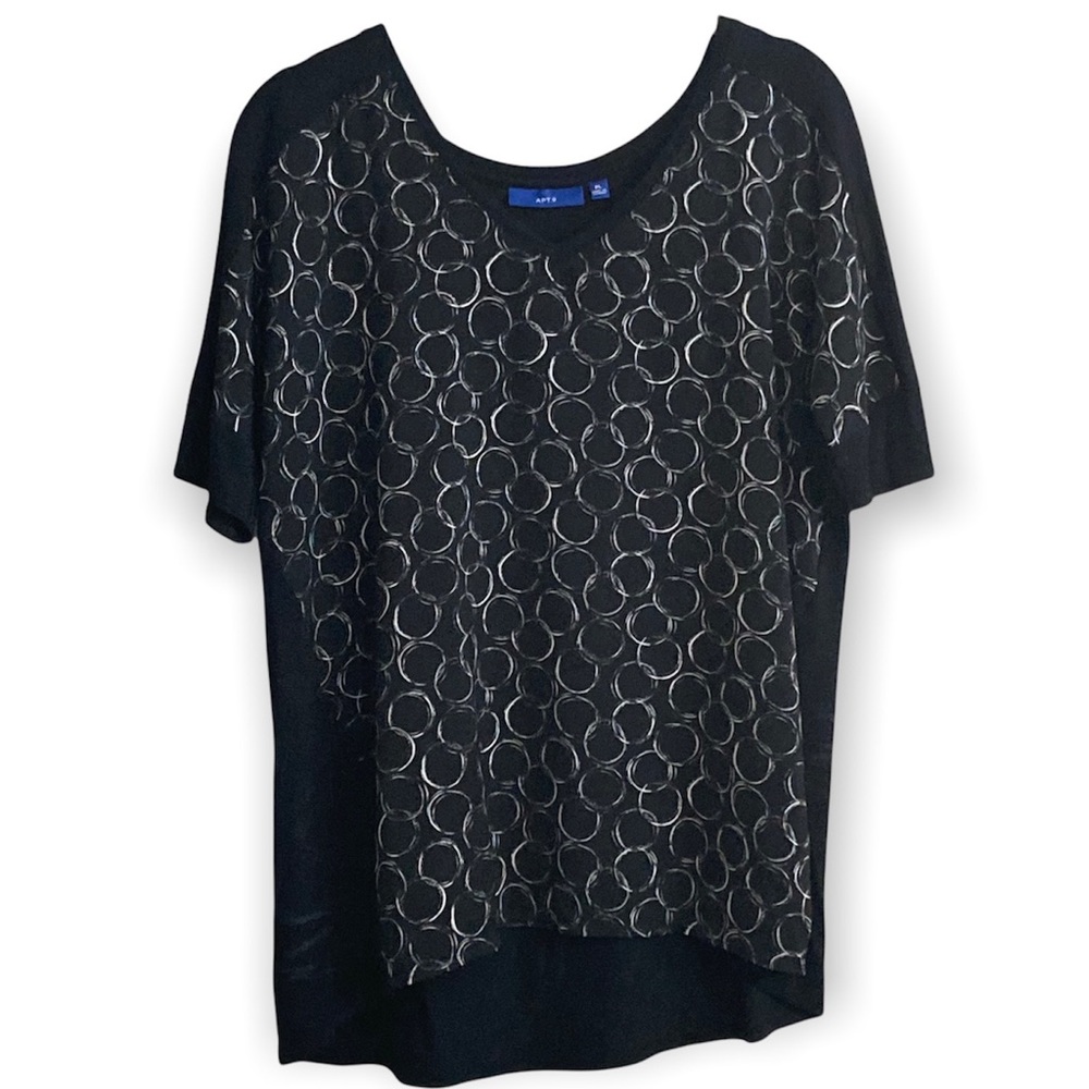 Apt. 9 Black w/ Grey Print Short-sleeved T-Shirt Style Top Petite Large EUC